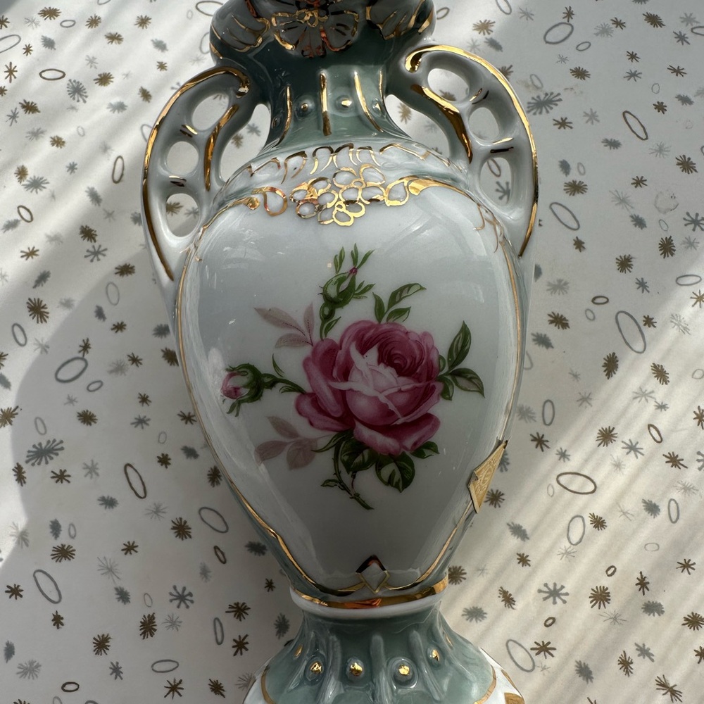 Hand-Painted Pink Rose Porcelain Vase with Gold Accents Royal Dux